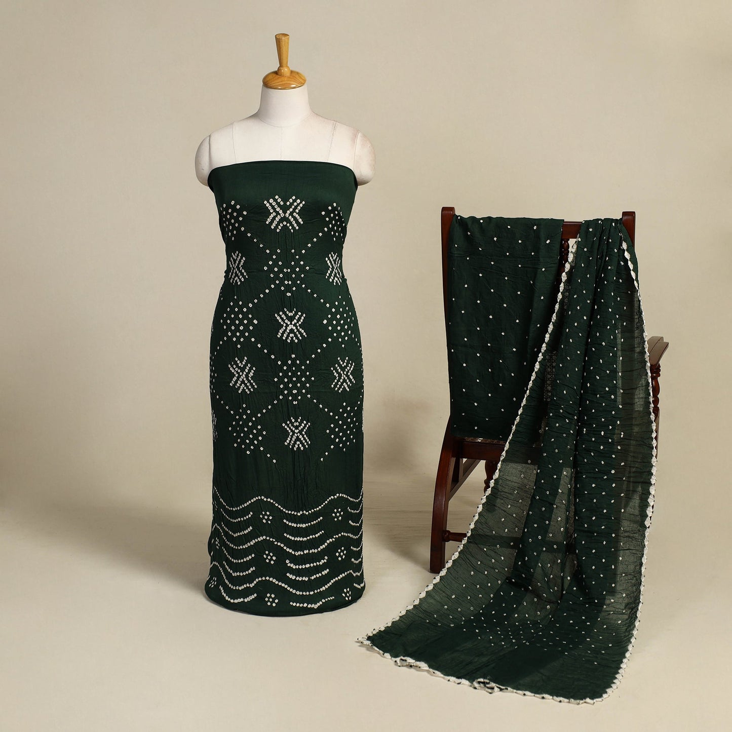 Green 3pc Tie & Dye Satin Cotton Bandhani Dress Material