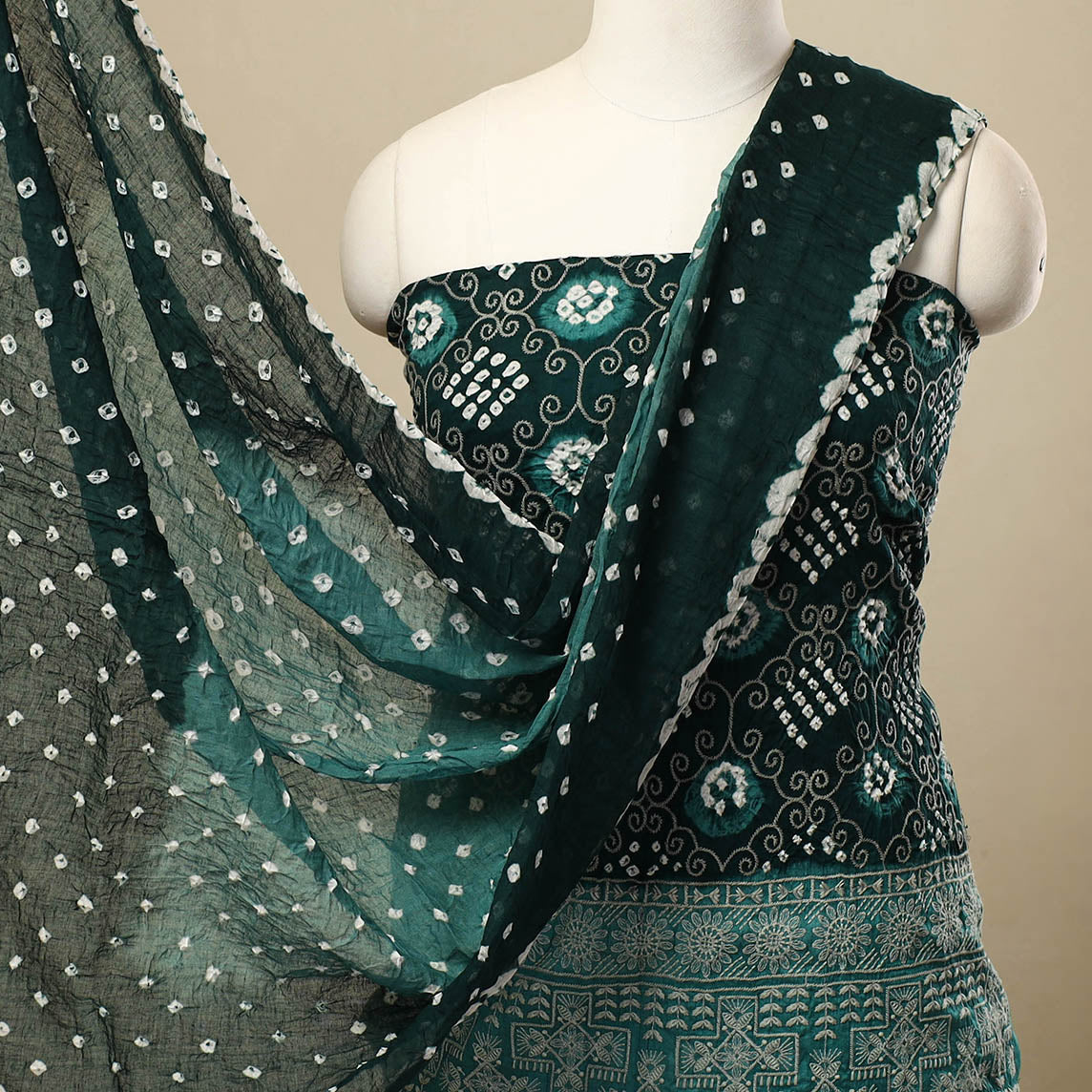 Green 3pc Tie & Dye Satin Cotton Bandhani Dress Material