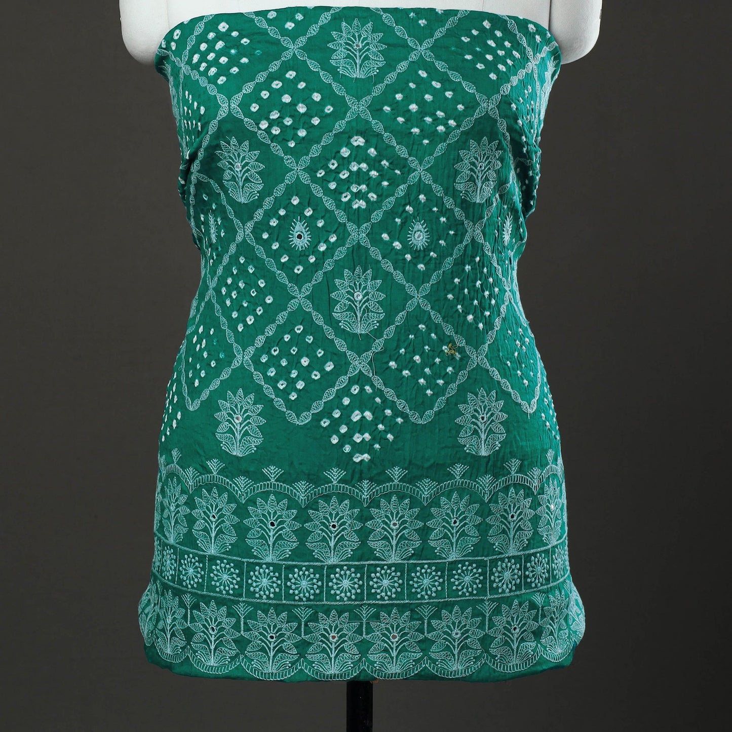 Green 3pc Tie & Dye Satin Cotton Bandhani Dress Material