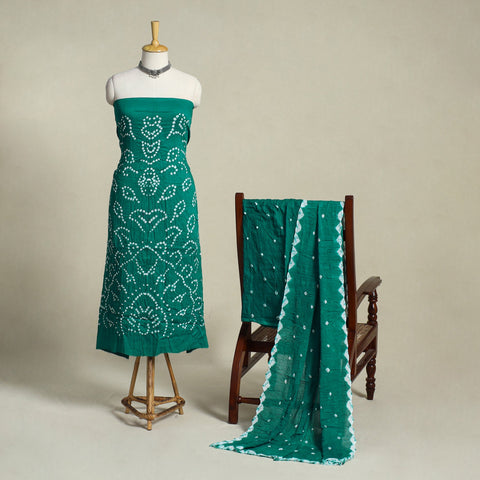 Green 3pc Unstitched Kutch Bandhani Dress Material