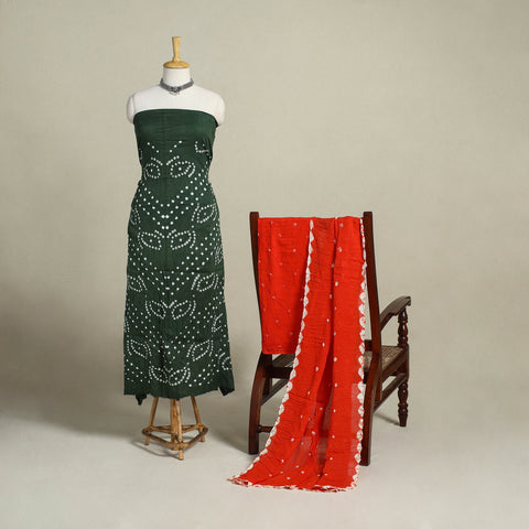 Green 3pc Unstitched Kutch Bandhani Dress Material