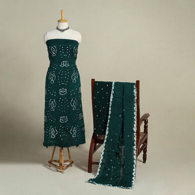 Green 3pc Unstitched Kutch Bandhani Dress Material