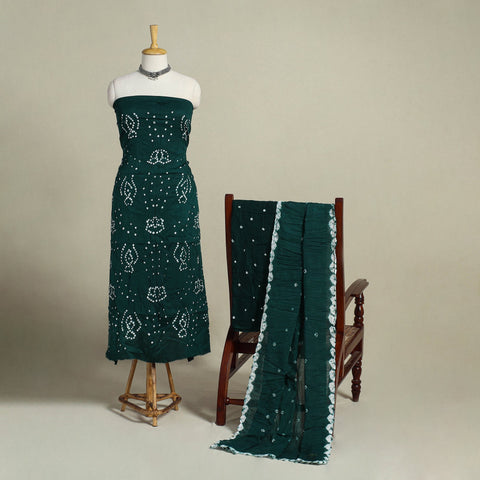 Green 3pc Unstitched Kutch Bandhani Dress Material