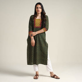 Green - Ajrakh Block Printed Cotton Long Kurta
