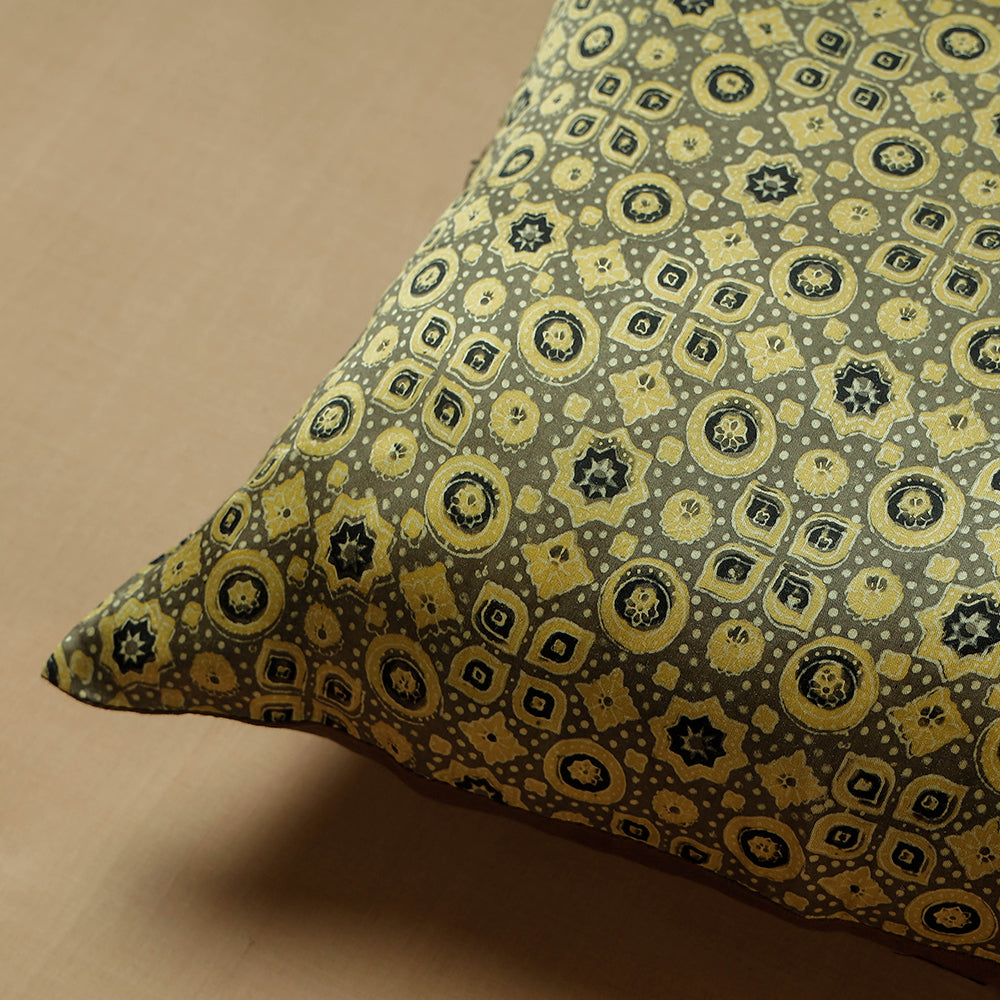 Green - Ajrakh Block Printed Mashru Silk Cushion Cover (16 x 16 in)