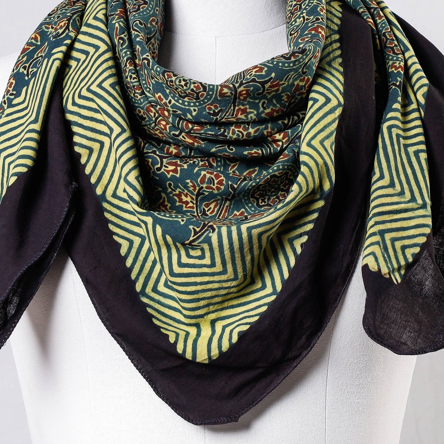 Green Ajrakh Block Printing Cotton Scarf from Kutch 