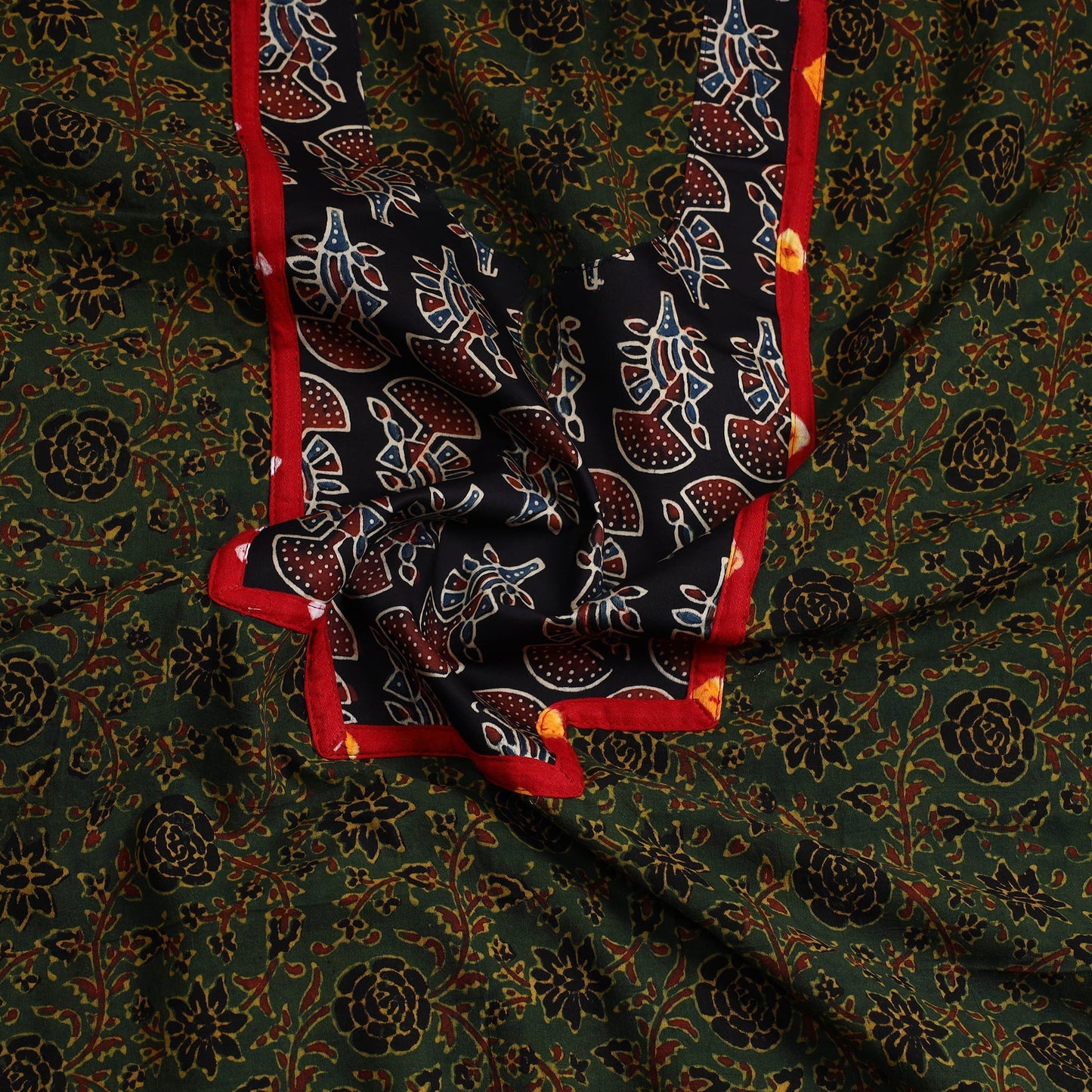 Green - Ajrakh Print Cotton Patchwork Kurta Material (3m) 06