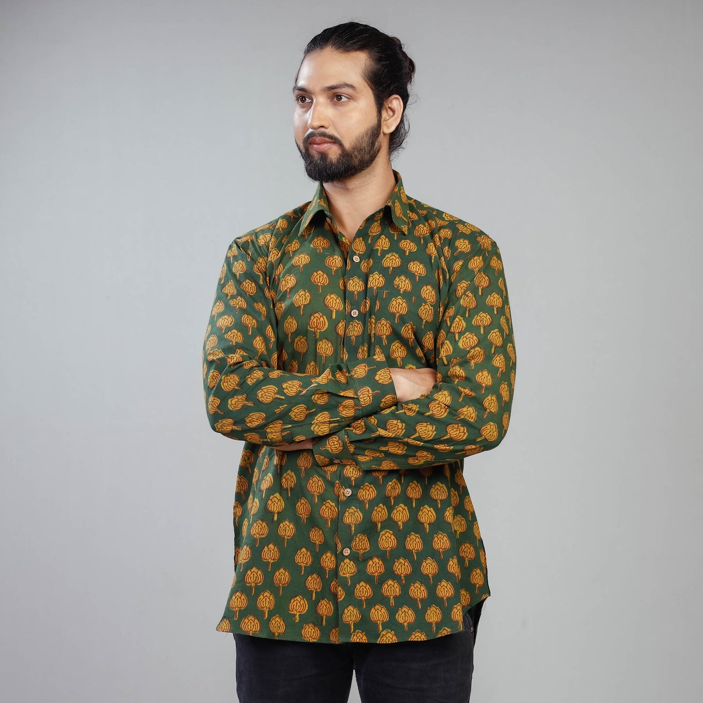 Green - Akola Block Printing Cotton Men Full Sleeve Shirt