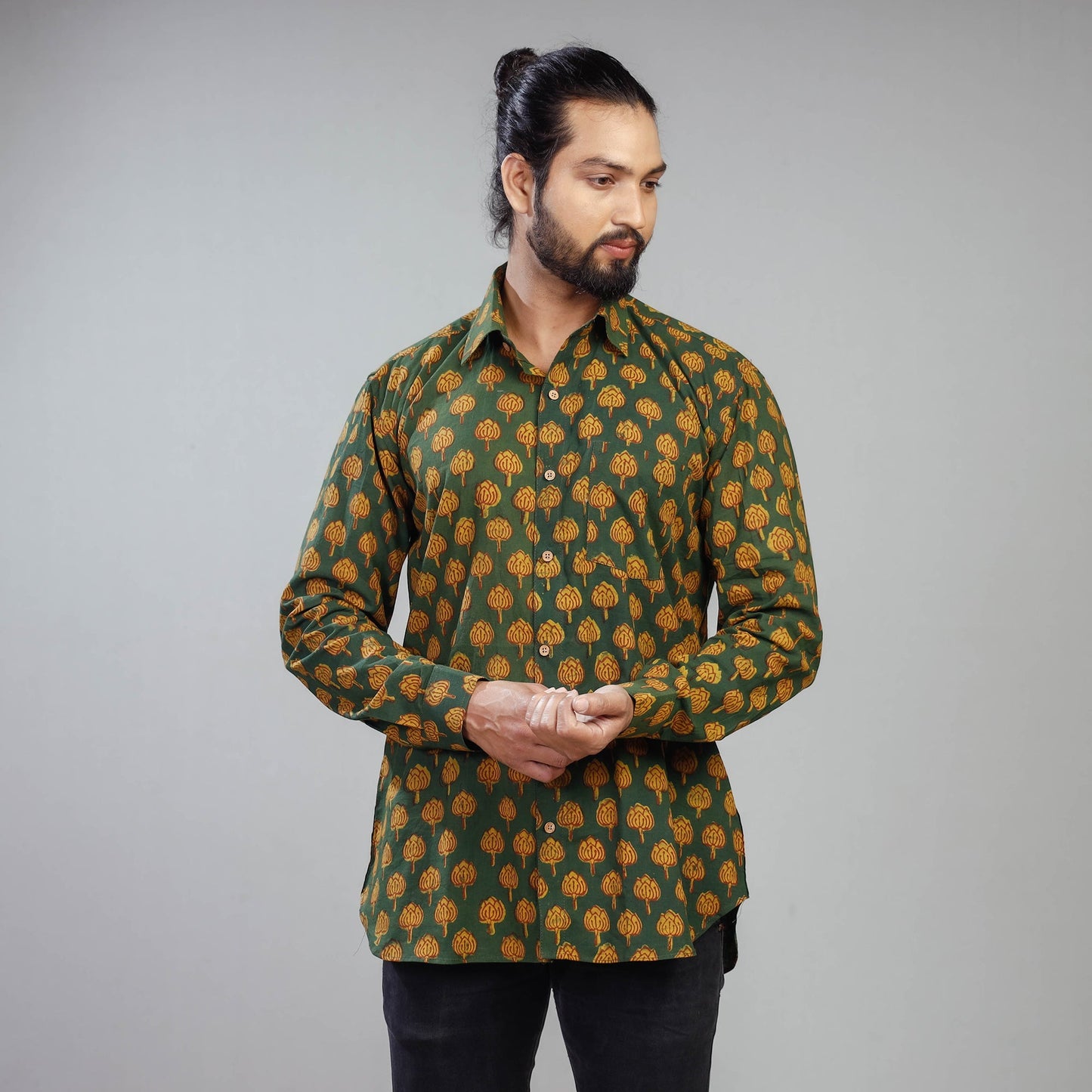 Green - Akola Block Printing Cotton Men Full Sleeve Shirt