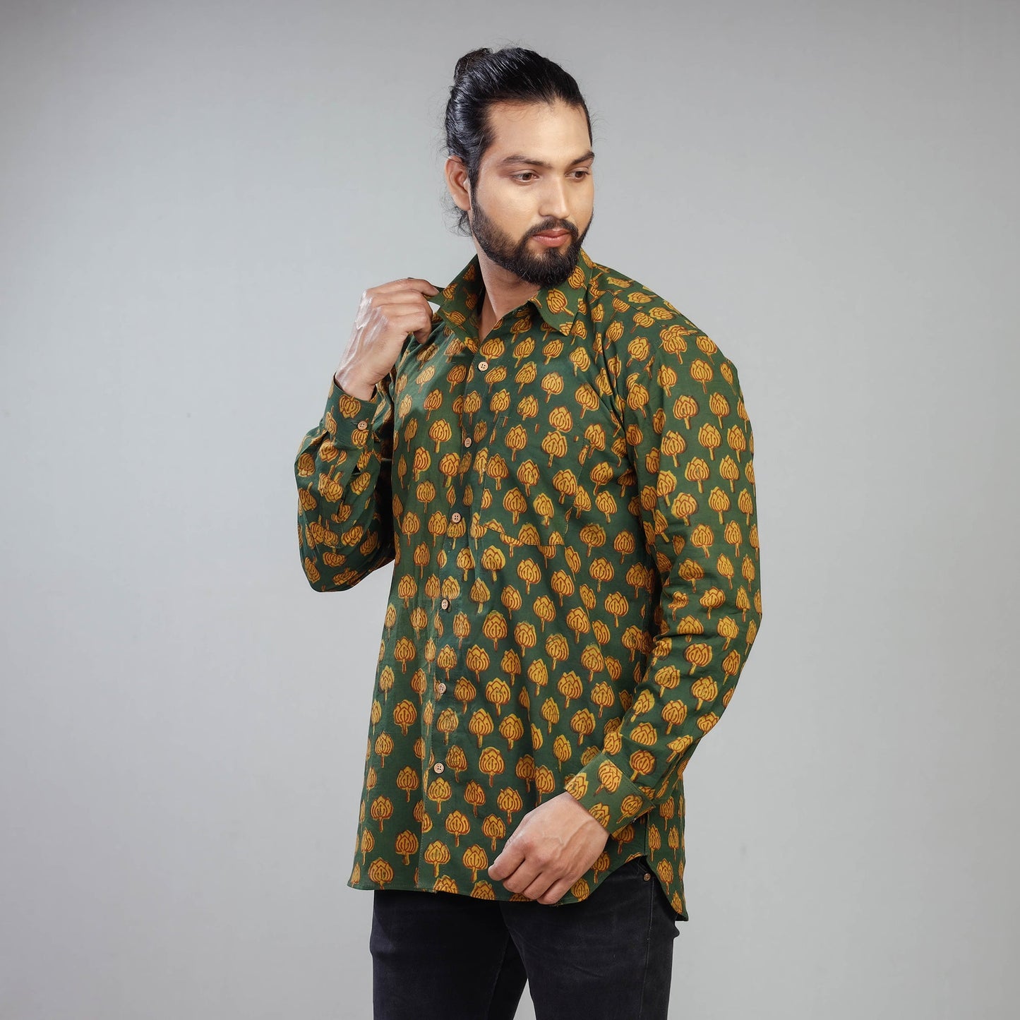 Green - Akola Block Printing Cotton Men Full Sleeve Shirt