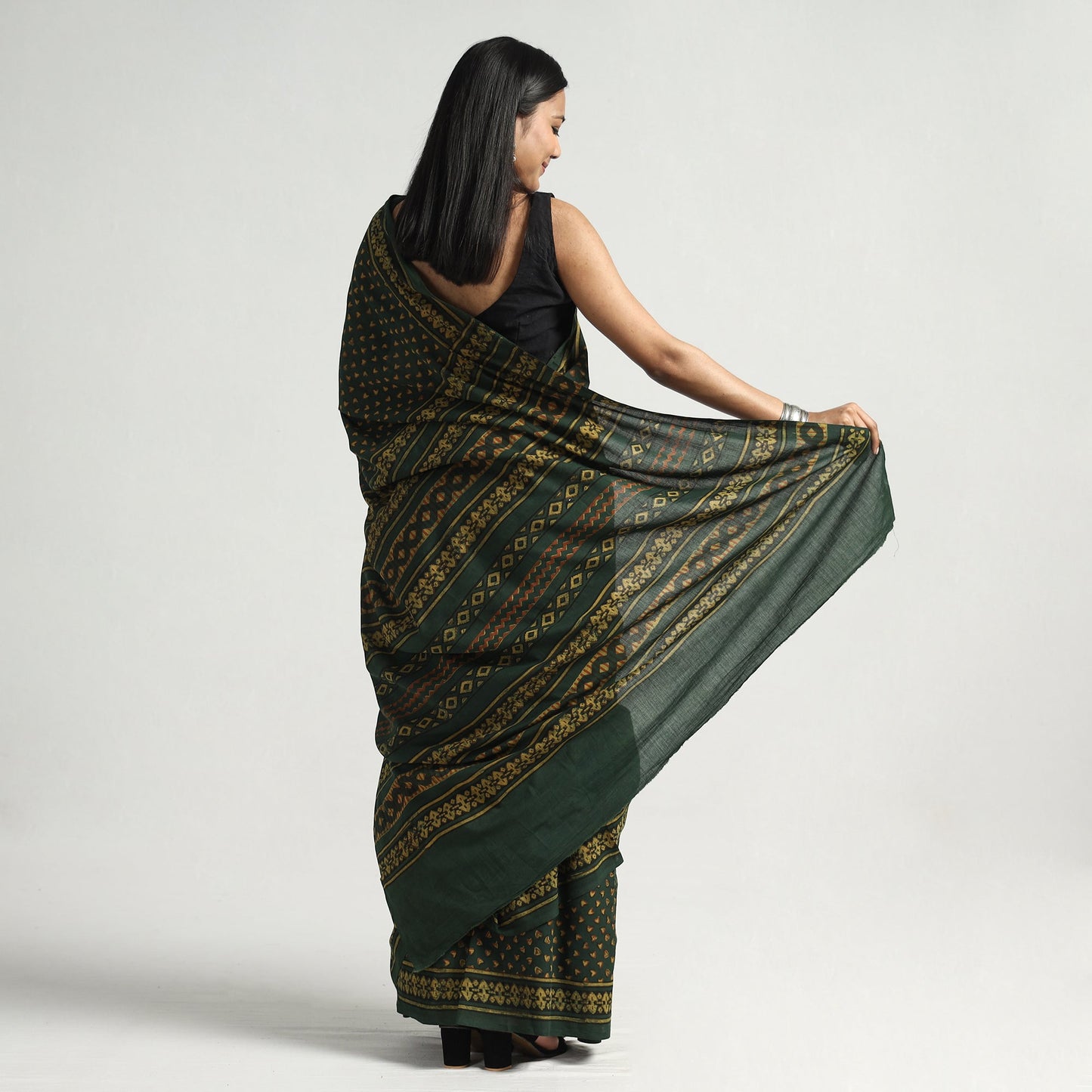 Green - Akola Hand Block Printed Cotton Saree