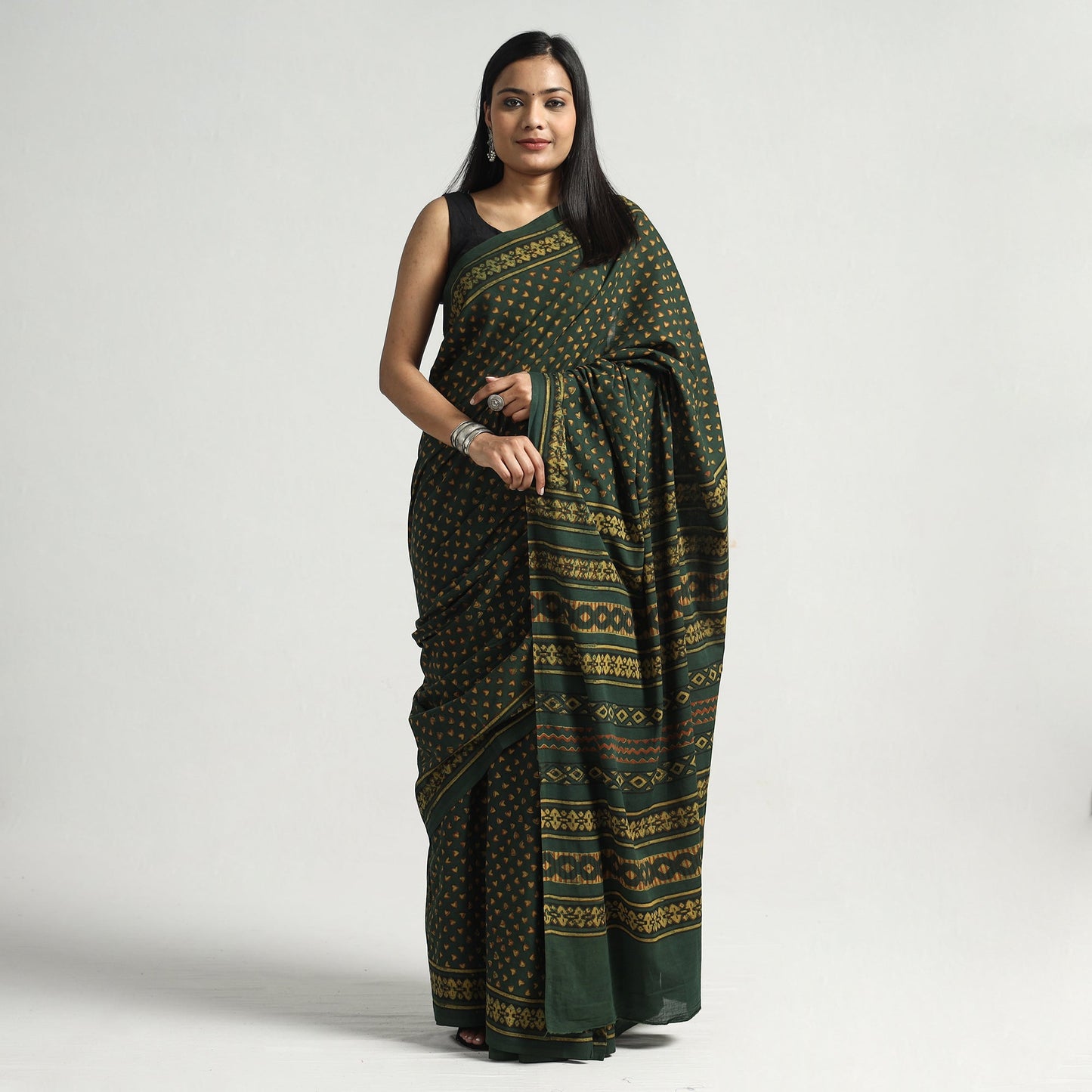 Green - Akola Hand Block Printed Cotton Saree