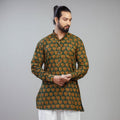 Akola Block Print Cotton Men Green Short Kurta 