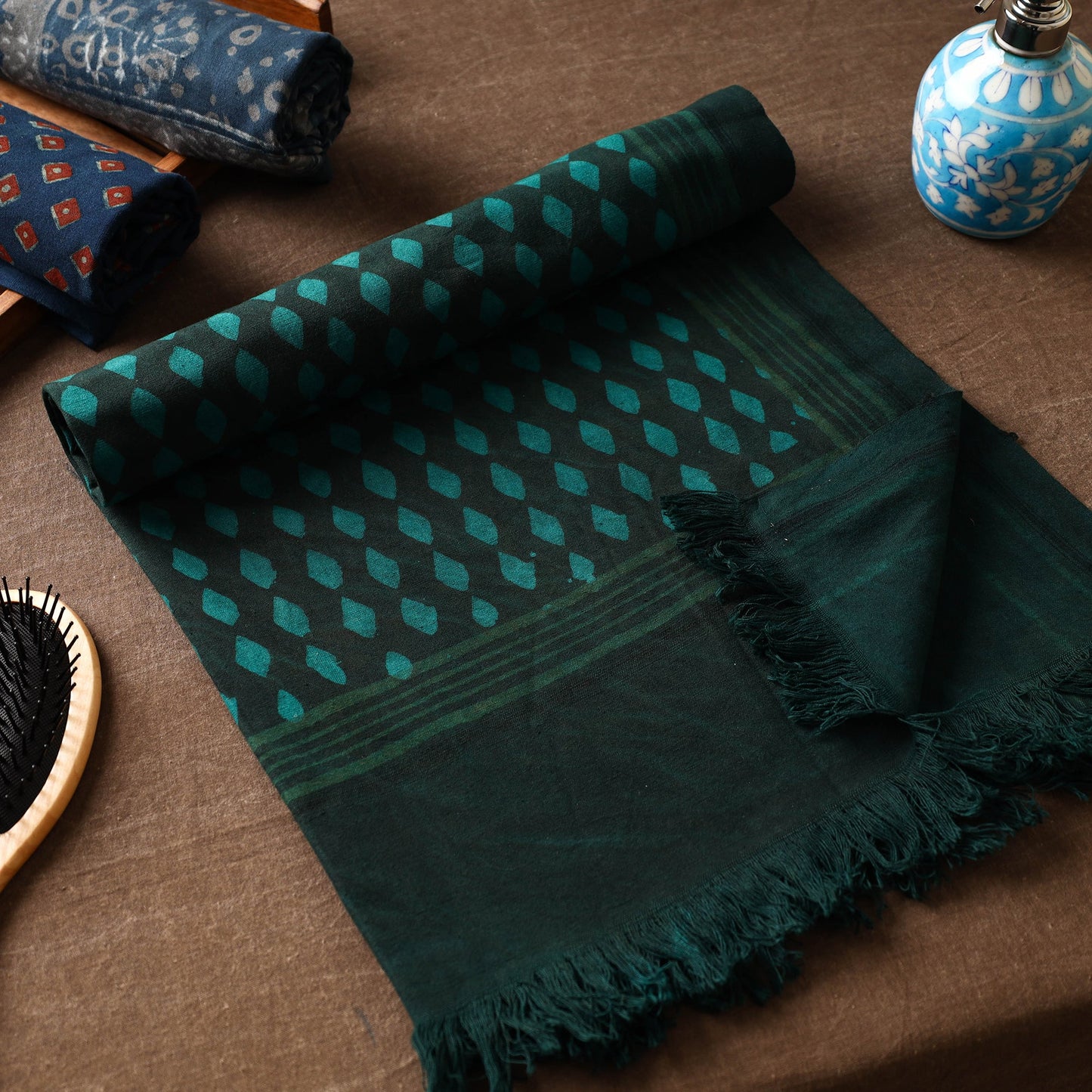 Green Akola Block Printed Pure Handloom Cotton Towel 