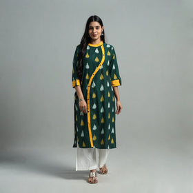 Green - Angrakha Cotton Straight Pochampally Ikat Kurta 11