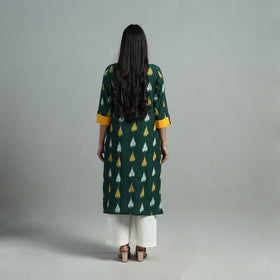 Green - Angrakha Cotton Straight Pochampally Ikat Kurta 11