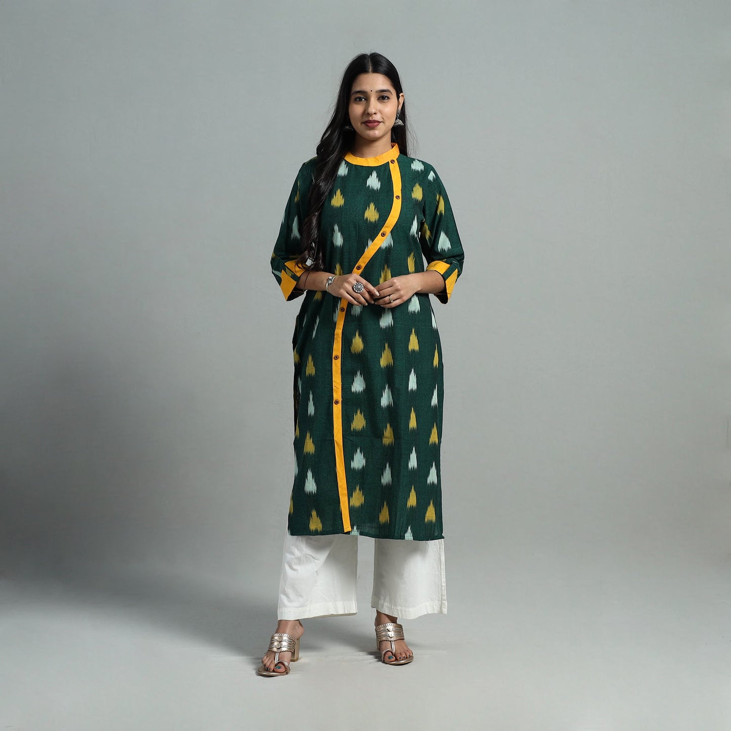 Green - Angrakha Cotton Straight Pochampally Ikat Kurta 11