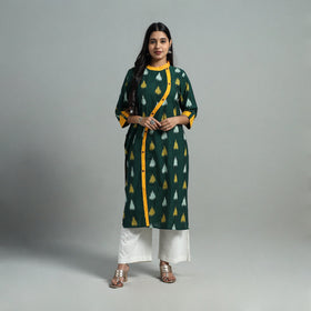 Green - Angrakha Cotton Straight Pochampally Ikat Kurta 11