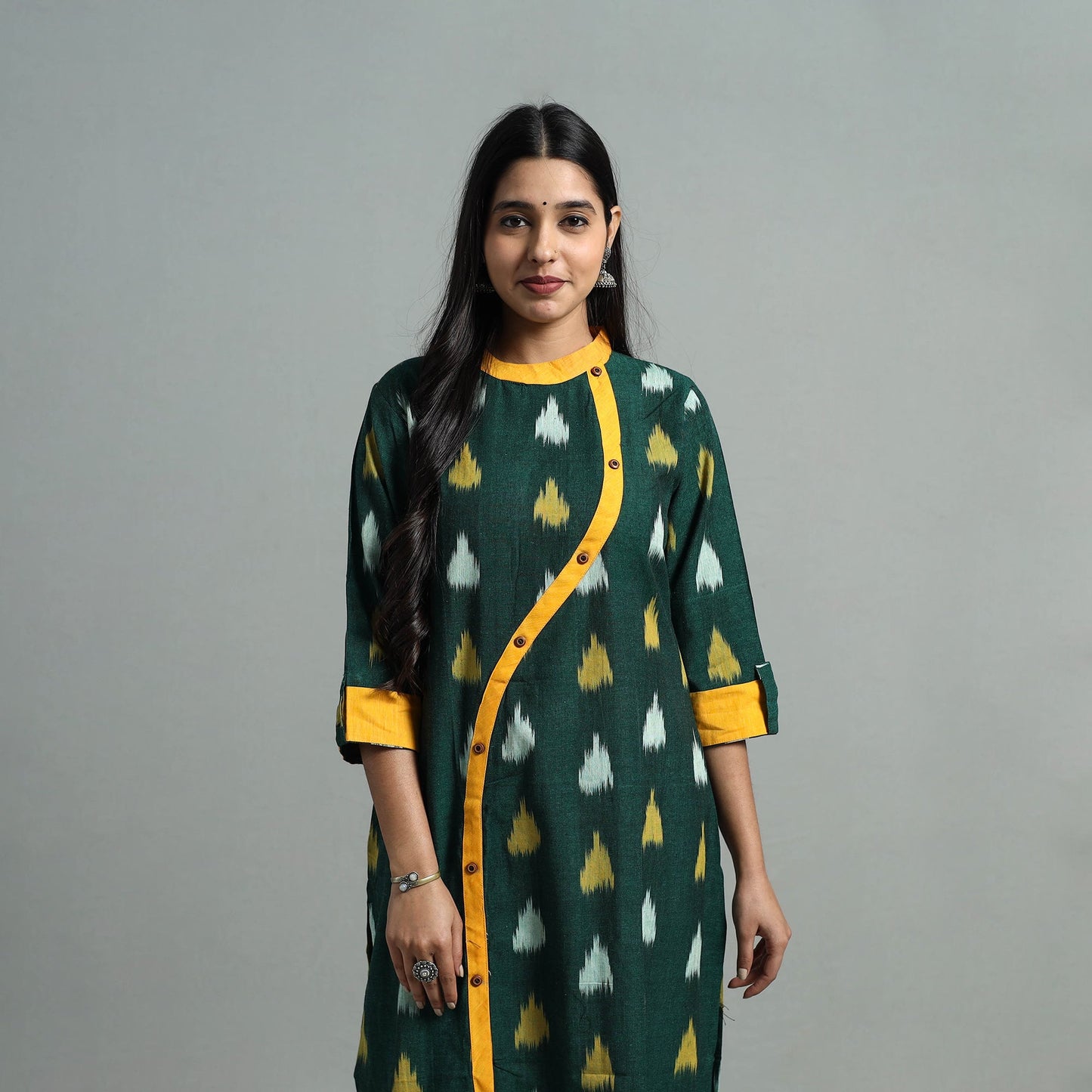 Green - Angrakha Cotton Straight Pochampally Ikat Kurta 11