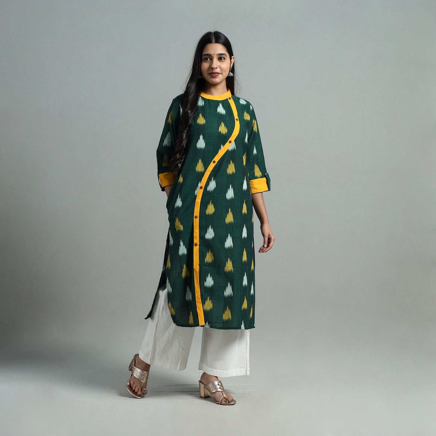 Green - Angrakha Cotton Straight Pochampally Ikat Kurta 11