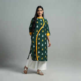 Green - Angrakha Cotton Straight Pochampally Ikat Kurta 11