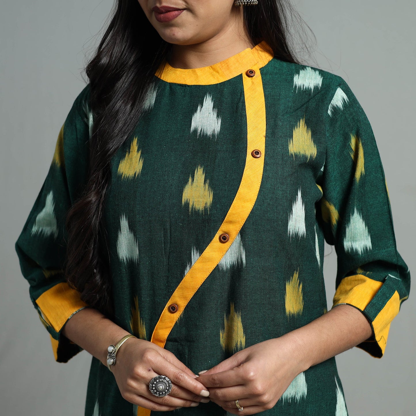 Green - Angrakha Cotton Straight Pochampally Ikat Kurta 11