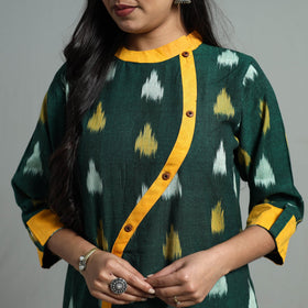 Green - Angrakha Cotton Straight Pochampally Ikat Kurta 11
