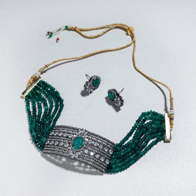 Green - antique finish beadwork necklace set - handcrafted