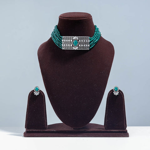 Green - antique finish beadwork necklace set - handcrafted