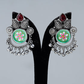 Antique Silver Finish Oxidised Brass Base Enamel & Stone Work Earrings 