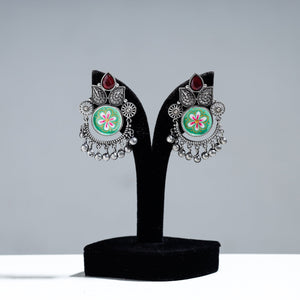  Antique Silver Finish Oxidised Brass Base Enamel & Stone Work Earrings 