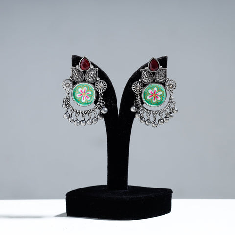  Antique Silver Finish Oxidised Brass Base Enamel & Stone Work Earrings 