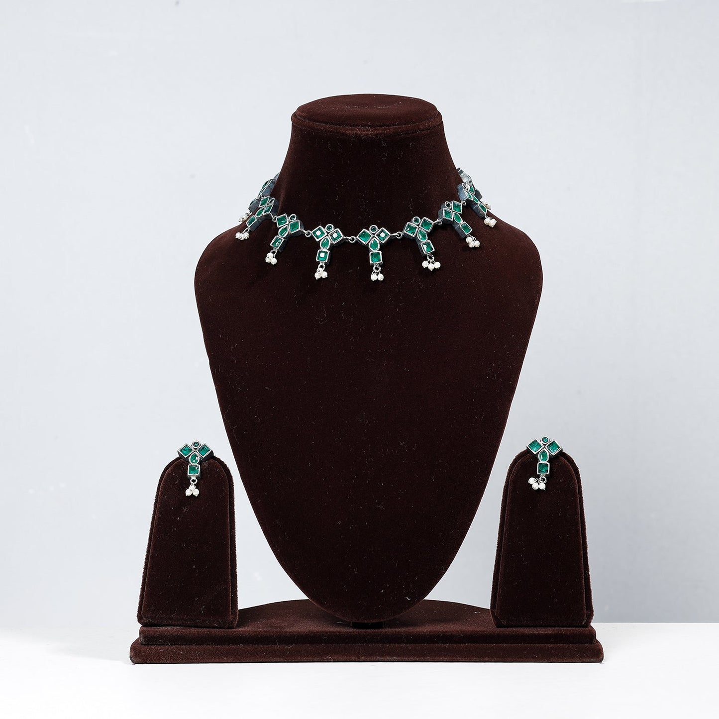  Antique Silver Finish Oxidised Brass Base Stone & Bead Work Necklace Set 