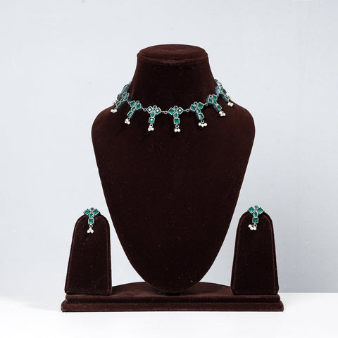  Antique Silver Finish Oxidised Brass Base Stone & Bead Work Necklace Set 