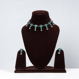  Antique Silver Finish Oxidised Brass Base Stone & Bead Work Necklace Set 