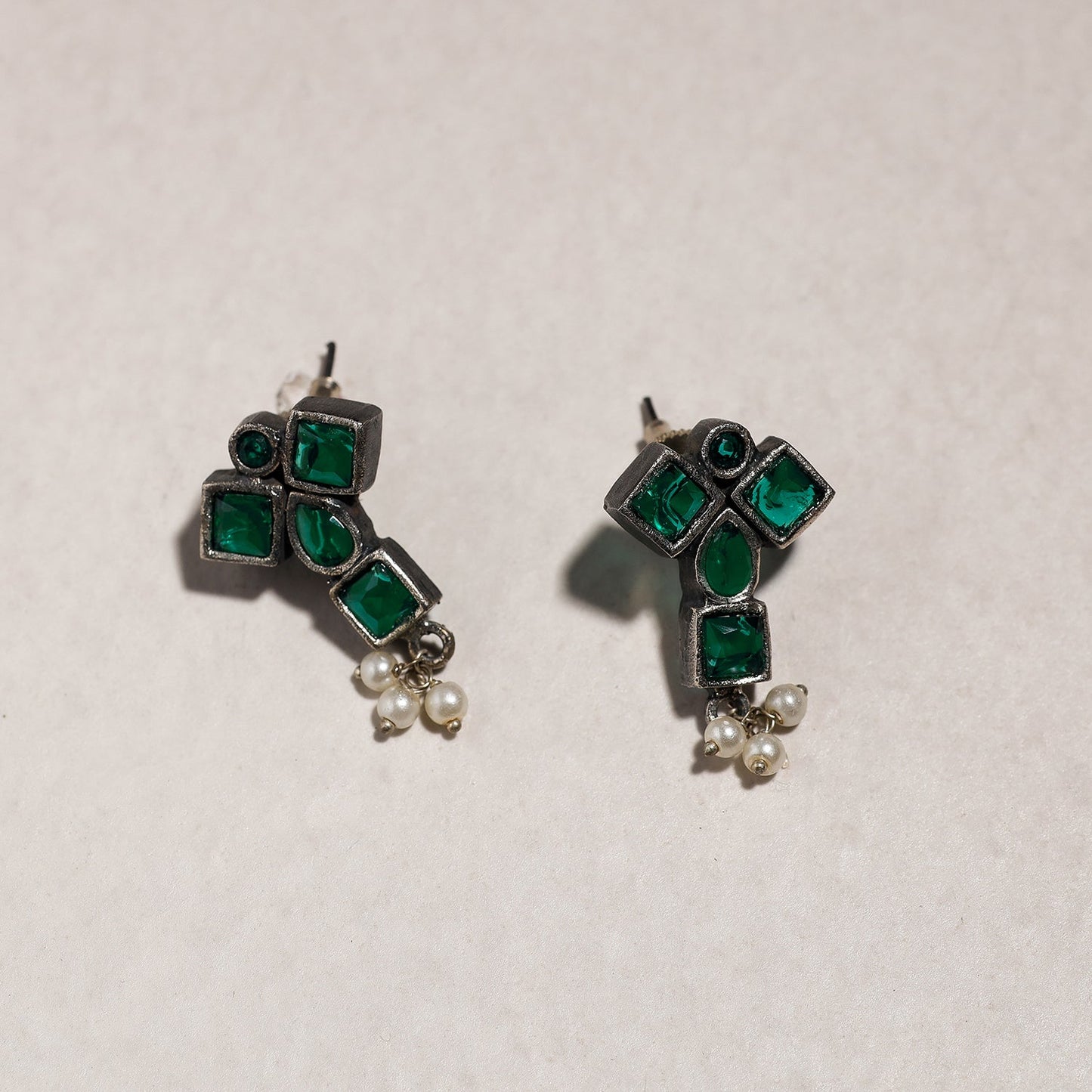  Antique Silver Finish Oxidised Brass Base Stone & Bead Work Necklace Set 