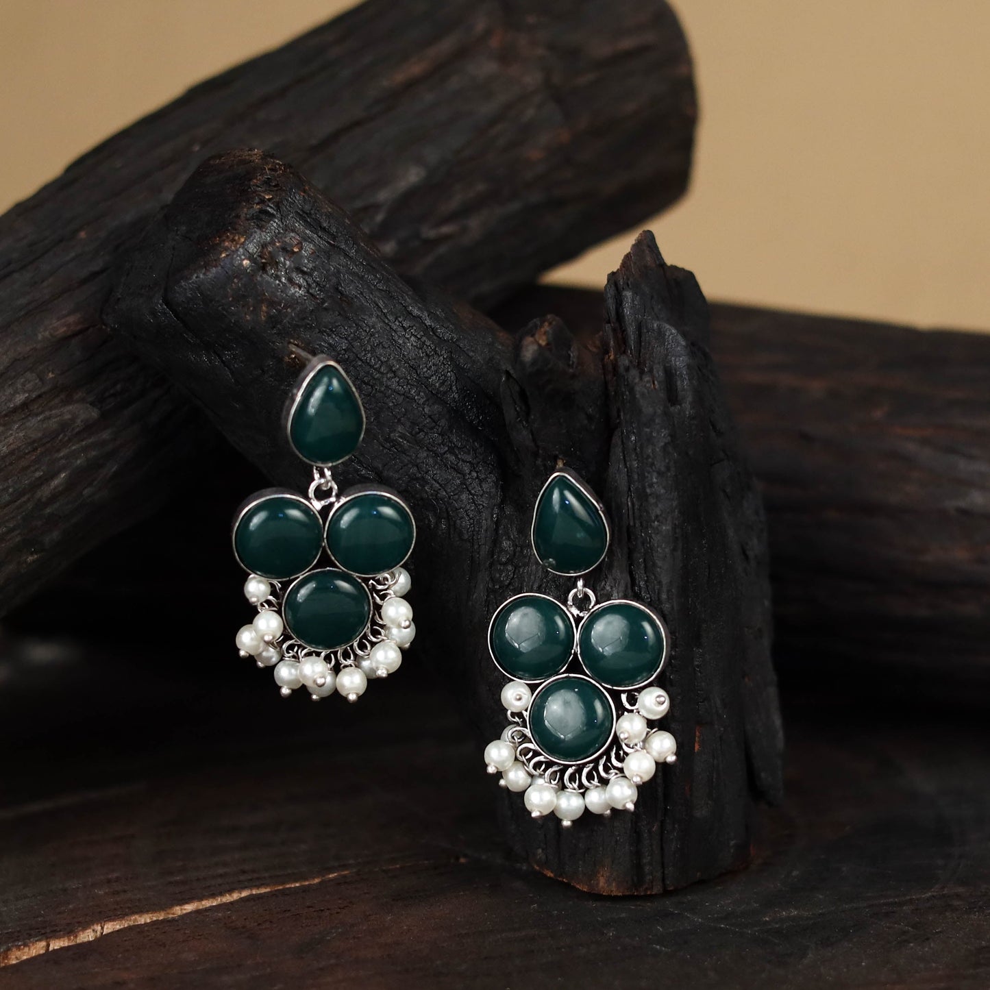 Green - antique silver finish oxidised stone work earrings