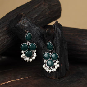 Green - antique silver finish oxidised stone work earrings