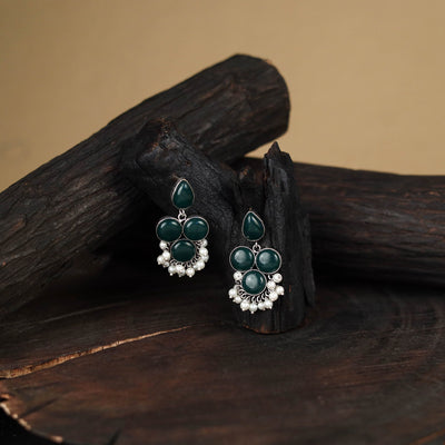 Green - antique silver finish oxidised stone work earrings