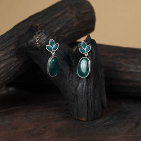 Green - antique silver finish oxidised stone work earrings