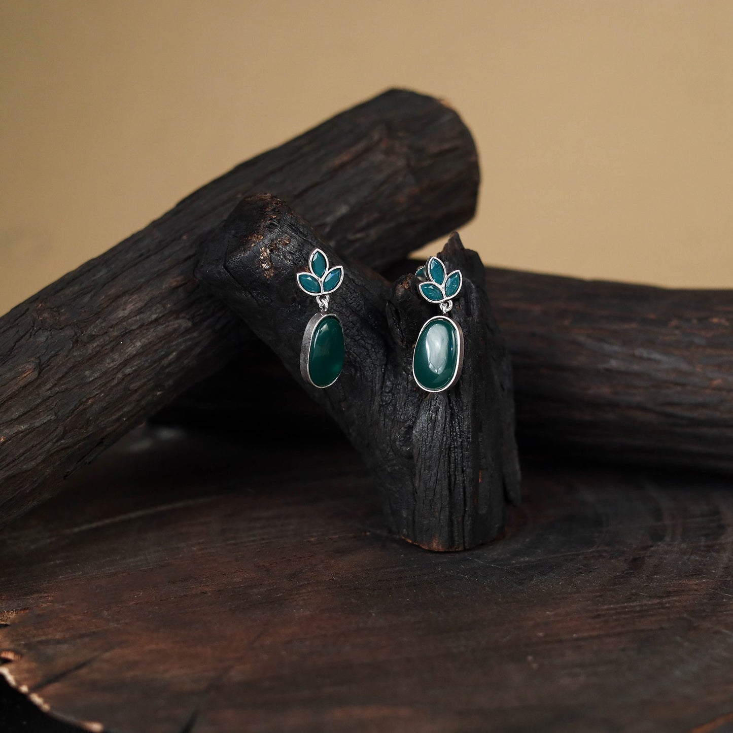 Green - antique silver finish oxidised stone work earrings