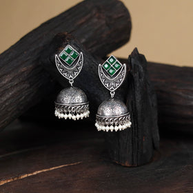 Green - antique silver finish oxidised stone work jhumka