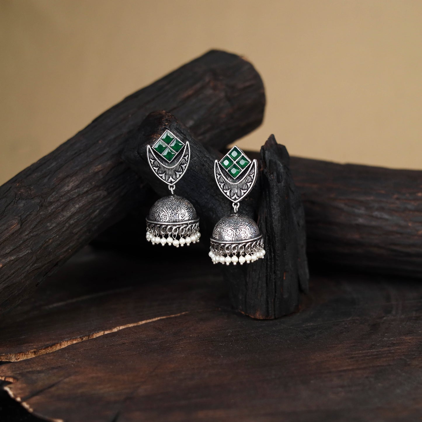 Green - antique silver finish oxidised stone work jhumka