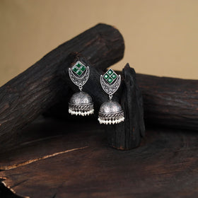 Green - antique silver finish oxidised stone work jhumka