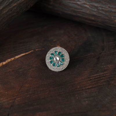 Green - antique silver finish oxidised stone work ring 105