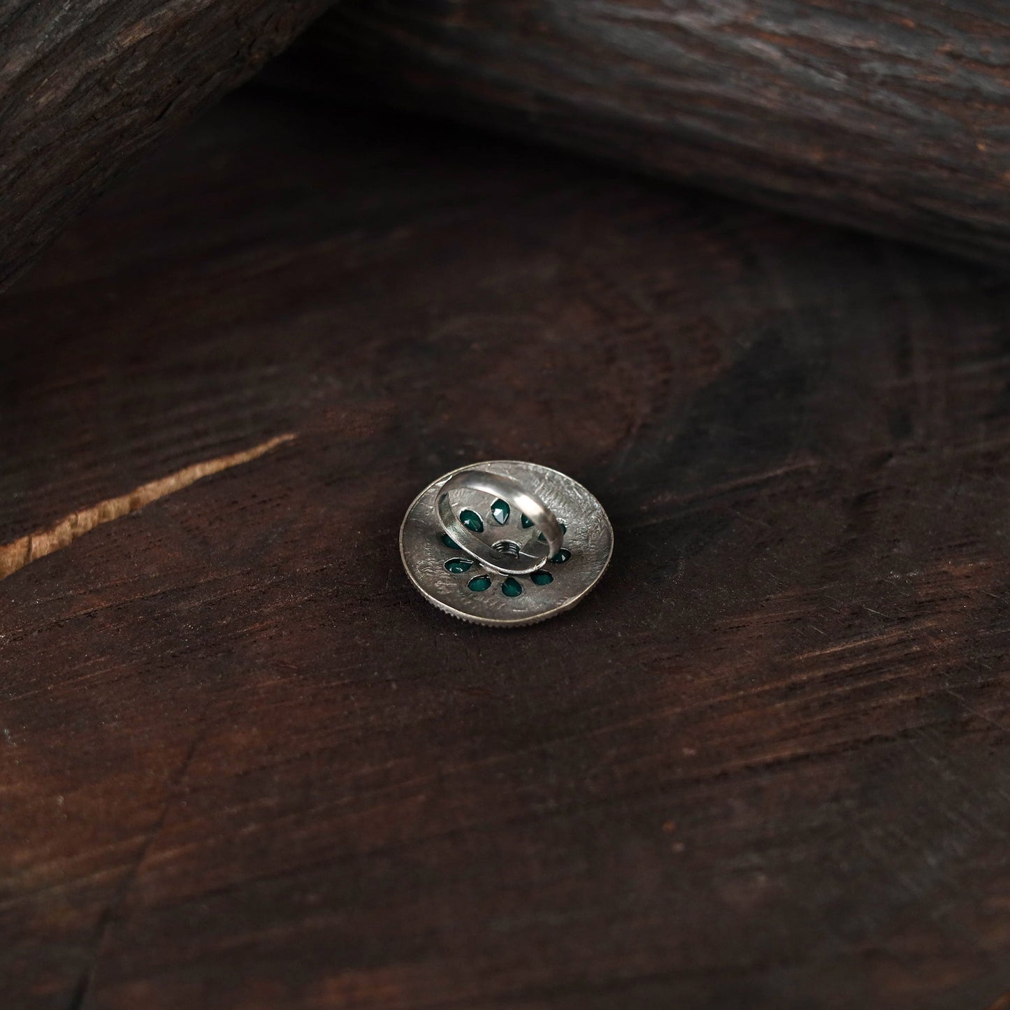 Green - antique silver finish oxidised stone work ring 105