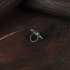 Green - antique silver finish oxidised stone work ring 46