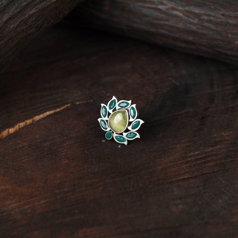 Green - antique silver finish oxidised stone work ring 46