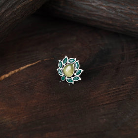 Green - antique silver finish oxidised stone work ring 46