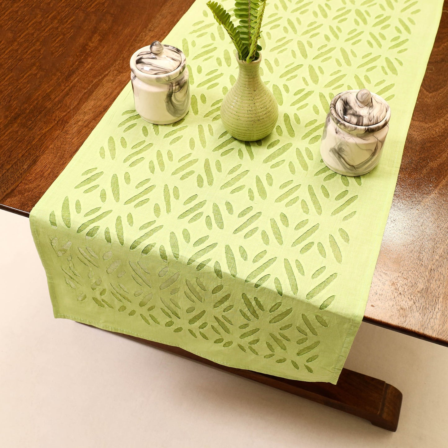 Green Applique Cut Work Cotton Table Runner 